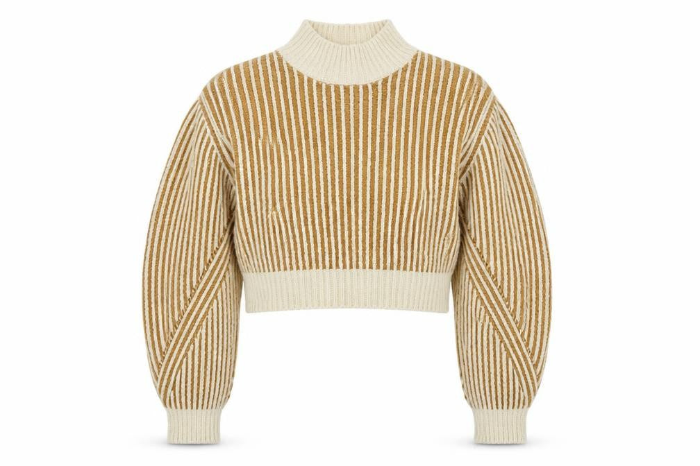 Front view of NA-KD women’s beige high neck striped acrylic jumper, size XS