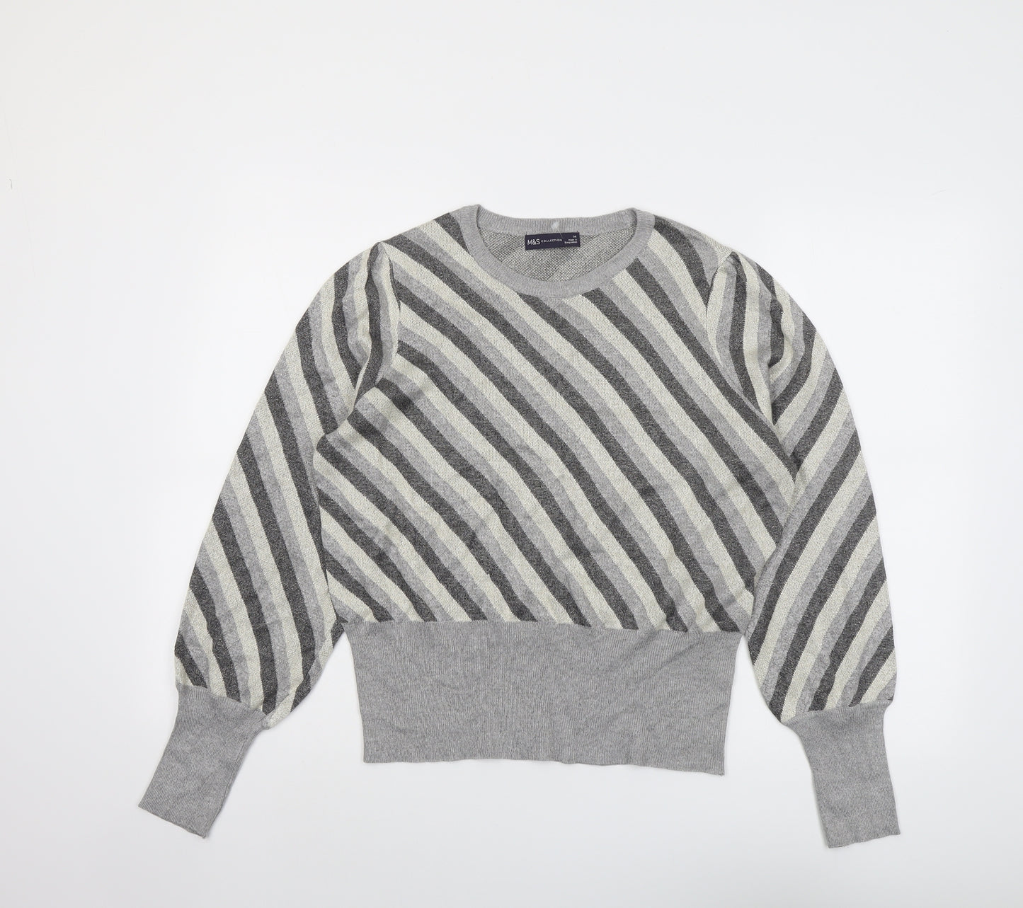 Marks and Spencer Womens Grey Round Neck Striped Viscose Pullover Jumper Size 14