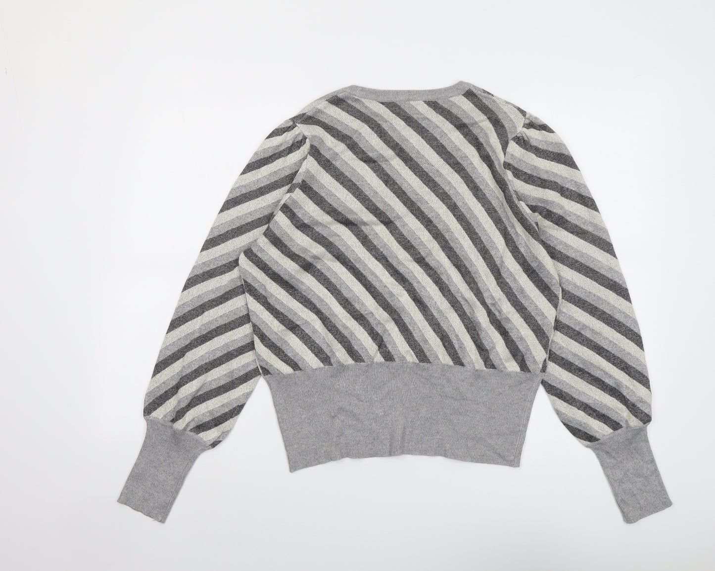 Marks and Spencer Womens Grey Round Neck Striped Viscose Pullover Jumper Size 14