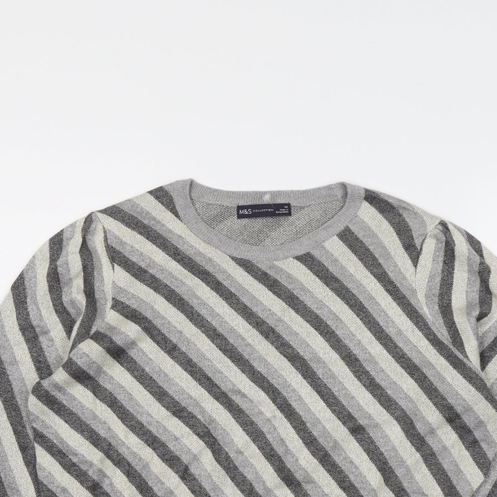 Marks and Spencer Womens Grey Round Neck Striped Viscose Pullover Jumper Size 14