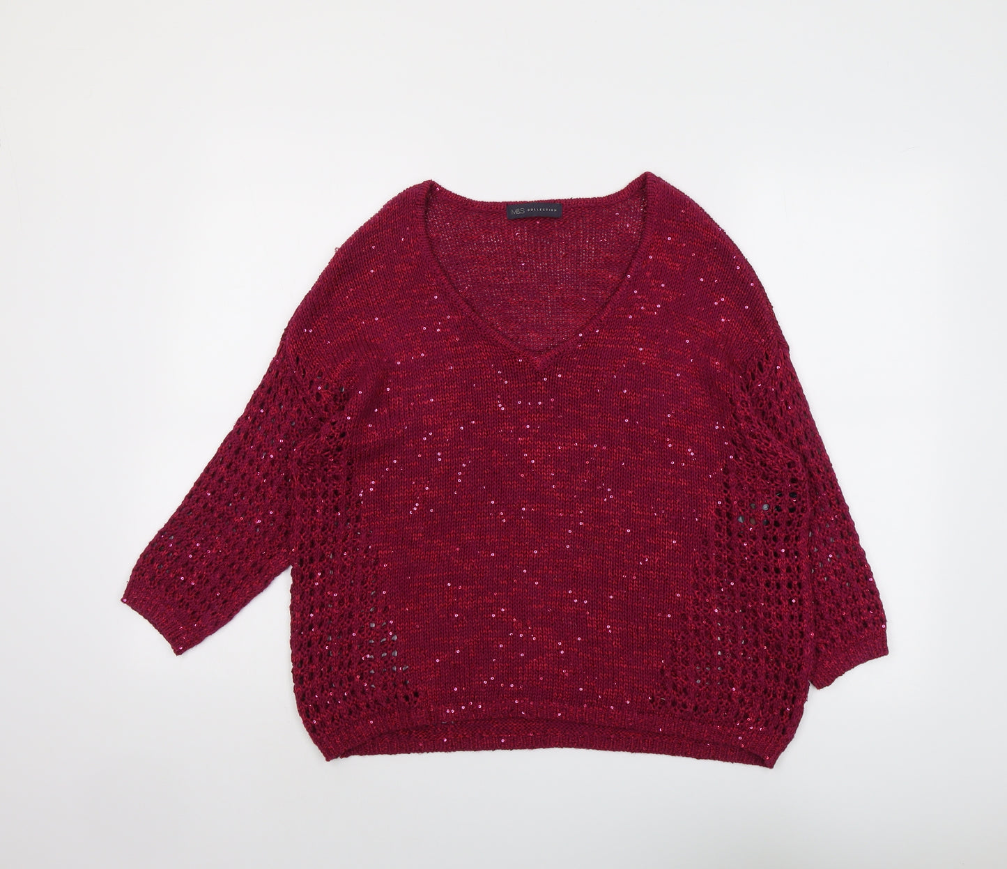 Marks and Spencer Womens Purple V-Neck Cotton Pullover Jumper Size 14