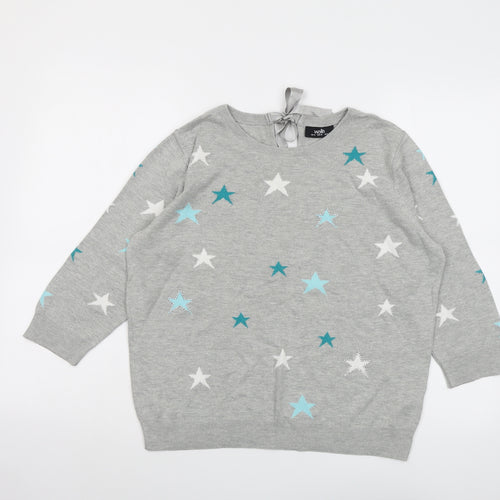 Wallis Womens Grey Round Neck Geometric Cotton Pullover Jumper Size 14 - Star Pattern