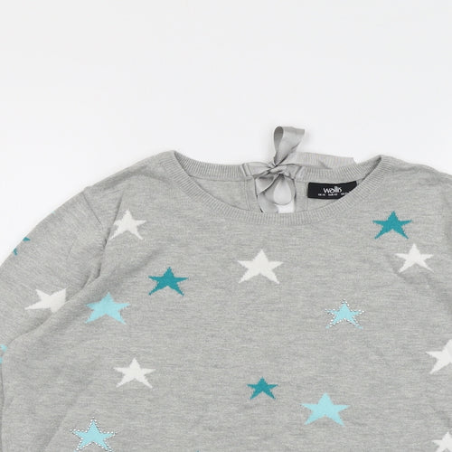 Wallis Womens Grey Round Neck Geometric Cotton Pullover Jumper Size 14 - Star Pattern