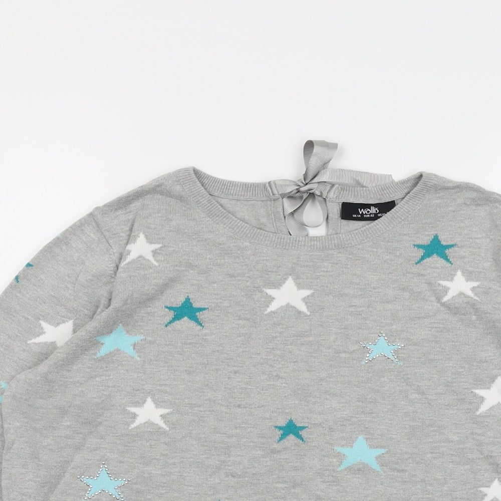 Wallis Womens Grey Round Neck Geometric Cotton Pullover Jumper Size 14 - Star Pattern