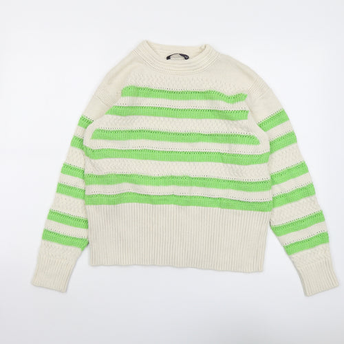 Marks and Spencer Womens Beige Round Neck Striped Cotton Pullover Jumper Size M