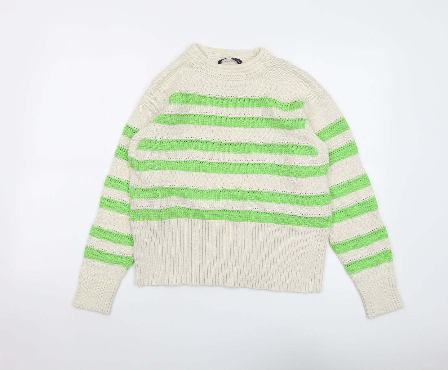 Marks and Spencer Womens Beige Round Neck Striped Cotton Pullover Jumper Size M