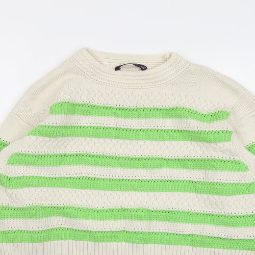 Marks and Spencer Womens Beige Round Neck Striped Cotton Pullover Jumper Size M