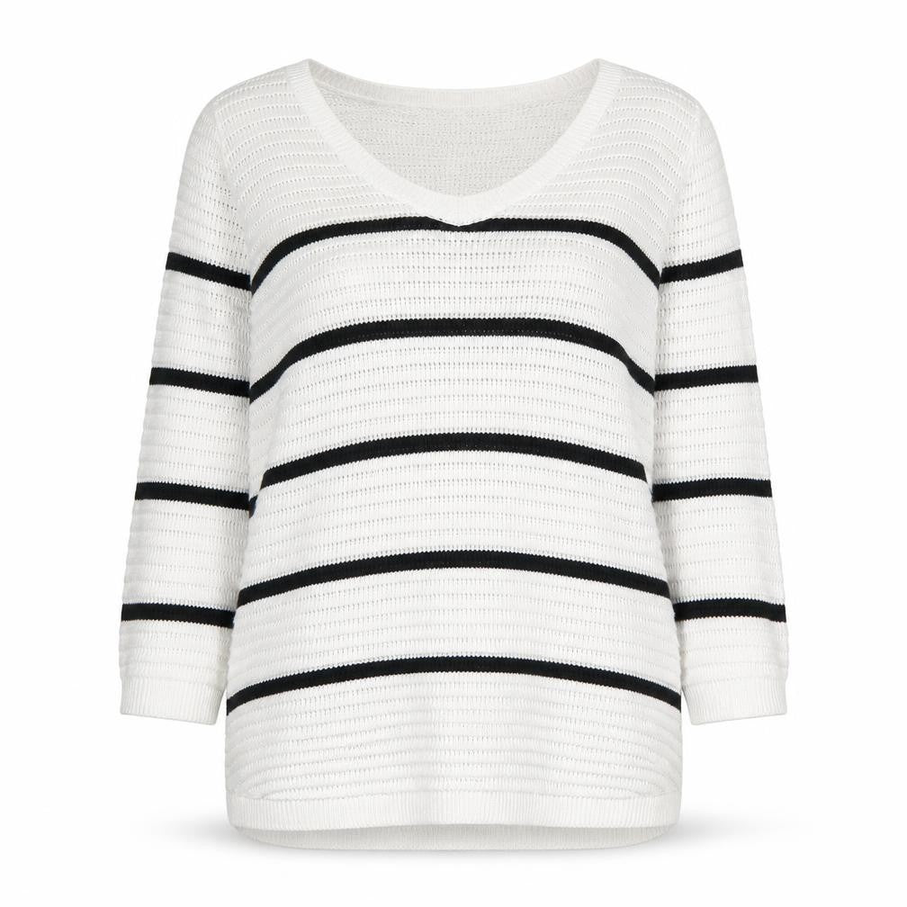 Front view of Dynamite women’s grey scoop neck striped polyester jumper, size M