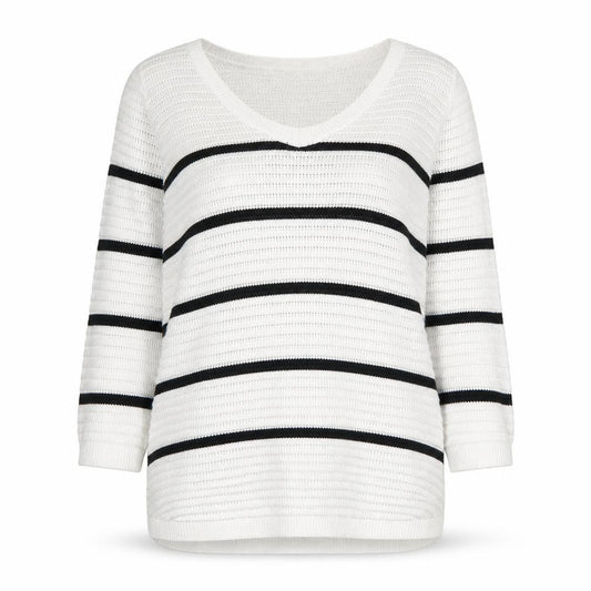 Front view of Dynamite women’s grey scoop neck striped polyester jumper, size M