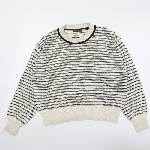Marks and Spencer Womens Beige Round Neck Striped Cotton Pullover Jumper Size M