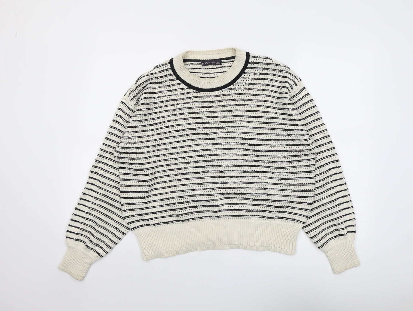 Marks and Spencer Womens Beige Round Neck Striped Cotton Pullover Jumper Size M