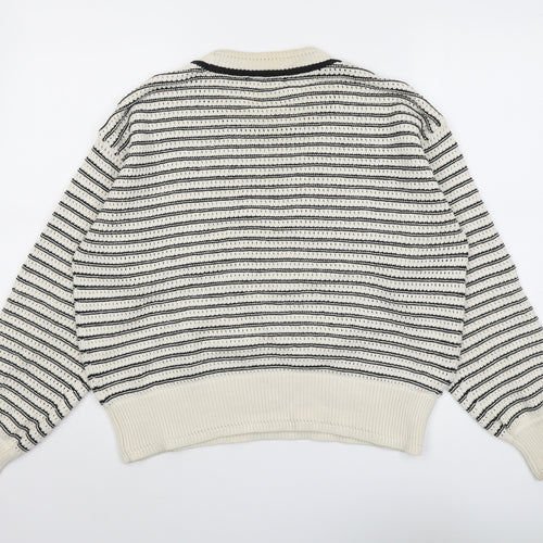 Marks and Spencer Womens Beige Round Neck Striped Cotton Pullover Jumper Size M
