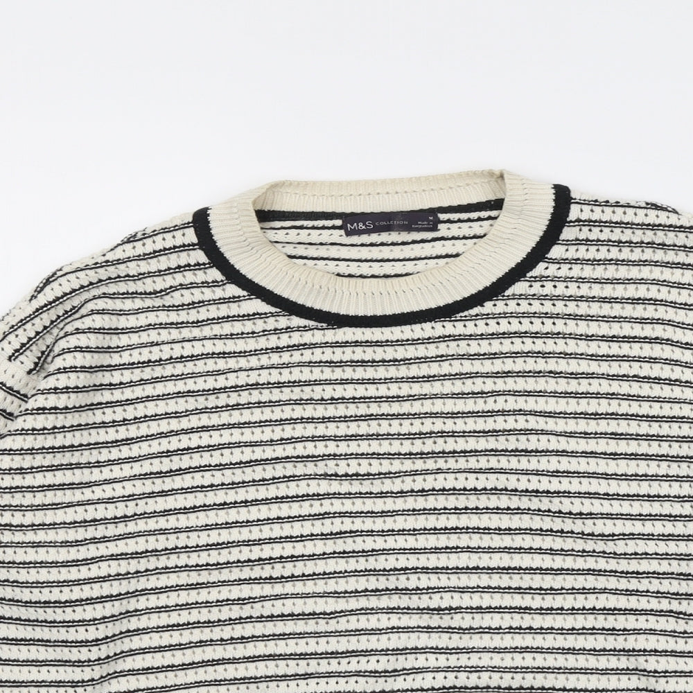 Marks and Spencer Womens Beige Round Neck Striped Cotton Pullover Jumper Size M