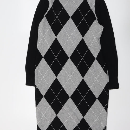 NEXT Womens Black Argyle/Diamond Cotton Jumper Dress Size 16 Round Neck Pullover
