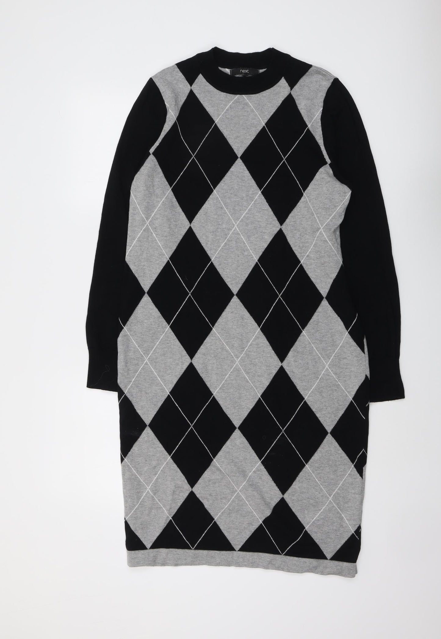 NEXT Womens Black Argyle/Diamond Cotton Jumper Dress Size 16 Round Neck Pullover