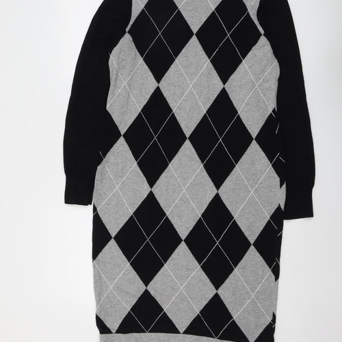 NEXT Womens Black Argyle/Diamond Cotton Jumper Dress Size 16 Round Neck Pullover
