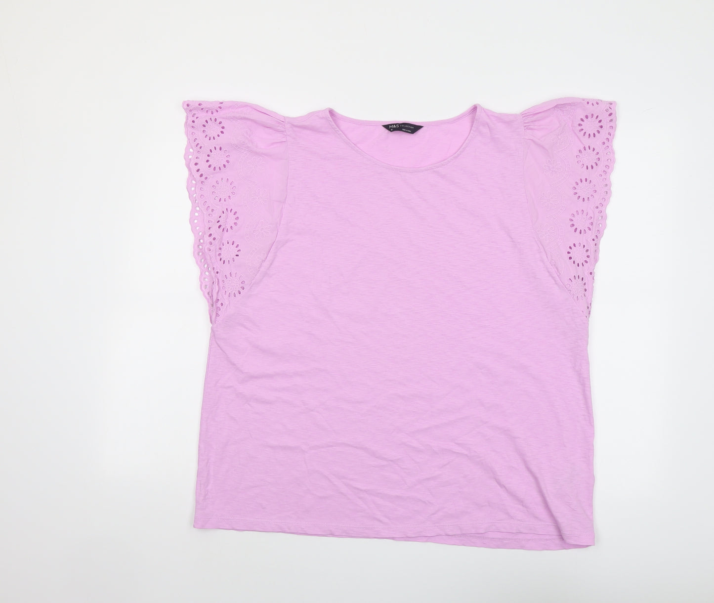 Marks and Spencer Womens Purple Cotton Basic T-Shirt Size 16 Boat Neck - Broderie Anglaise Details