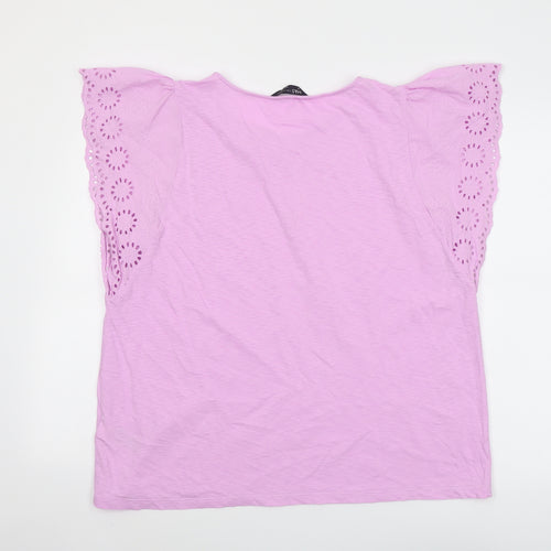 Marks and Spencer Womens Purple Cotton Basic T-Shirt Size 16 Boat Neck - Broderie Anglaise Details
