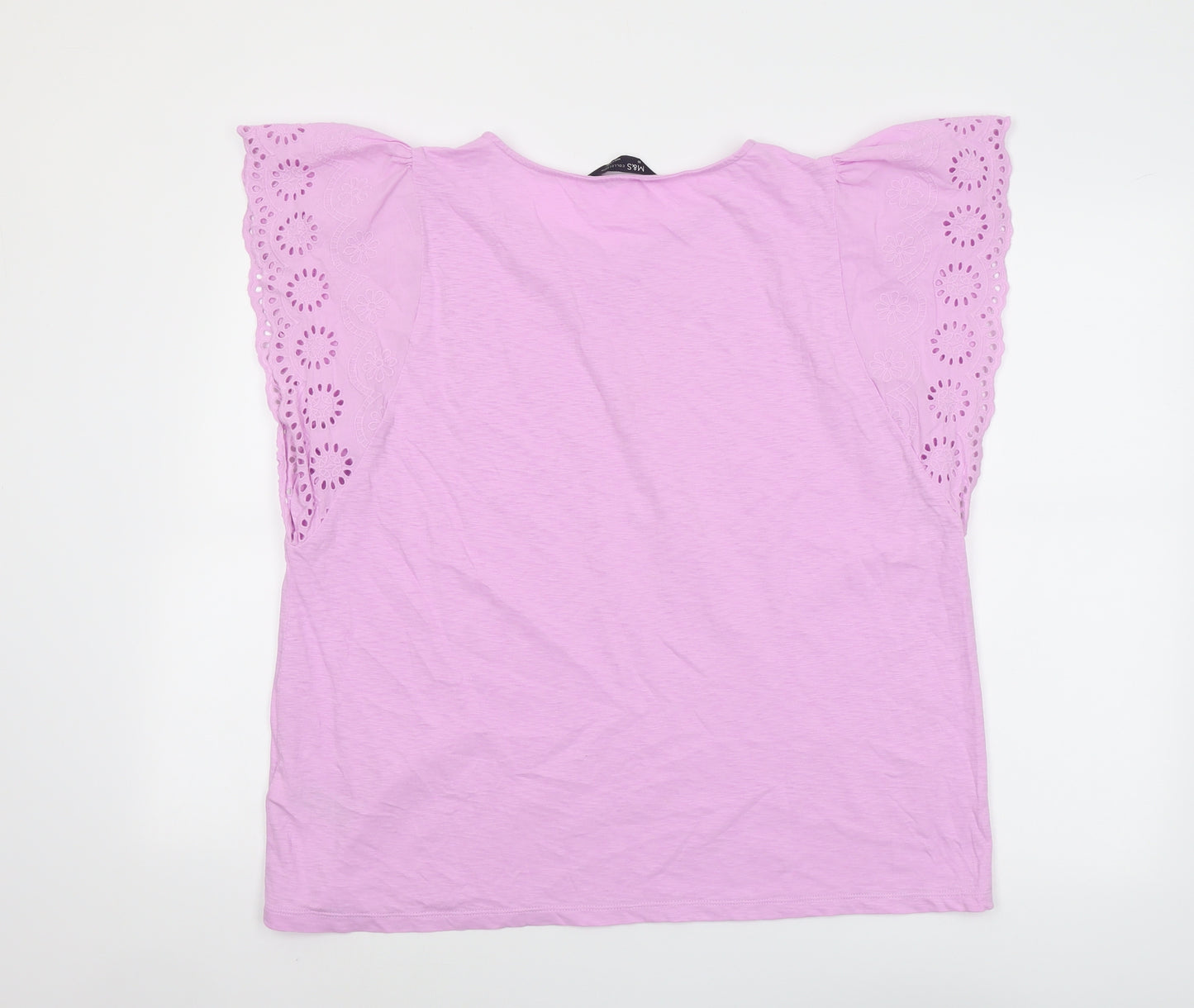 Marks and Spencer Womens Purple Cotton Basic T-Shirt Size 16 Boat Neck - Broderie Anglaise Details