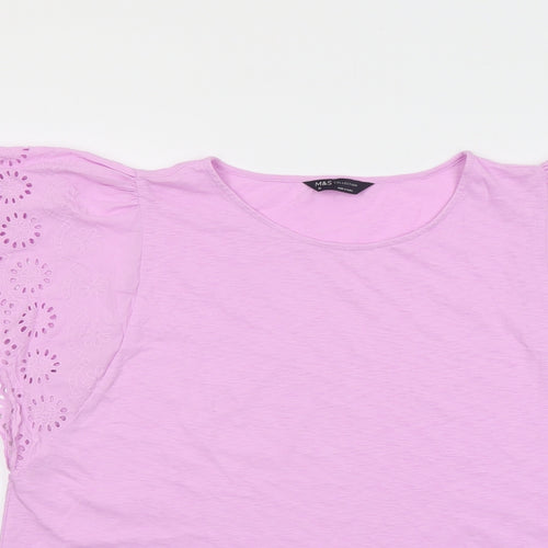 Marks and Spencer Womens Purple Cotton Basic T-Shirt Size 16 Boat Neck - Broderie Anglaise Details