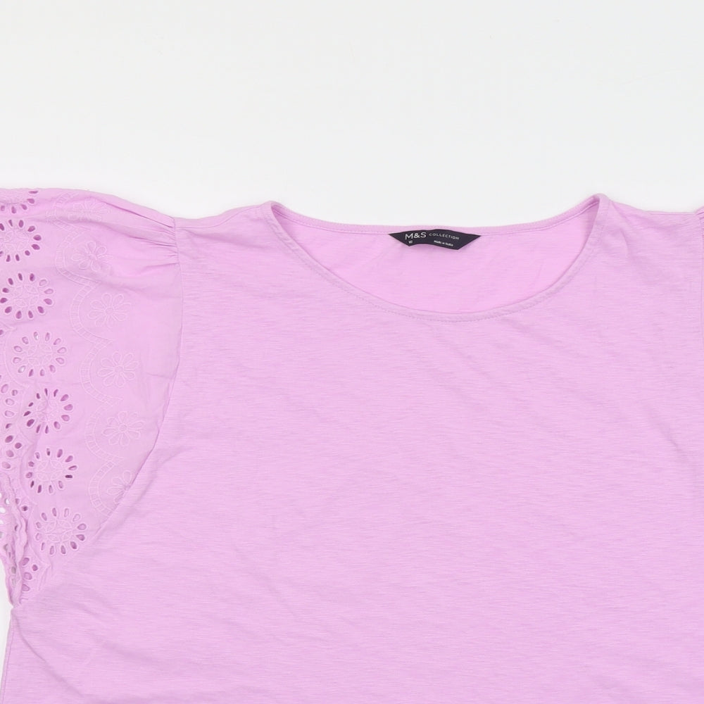 Marks and Spencer Womens Purple Cotton Basic T-Shirt Size 16 Boat Neck - Broderie Anglaise Details