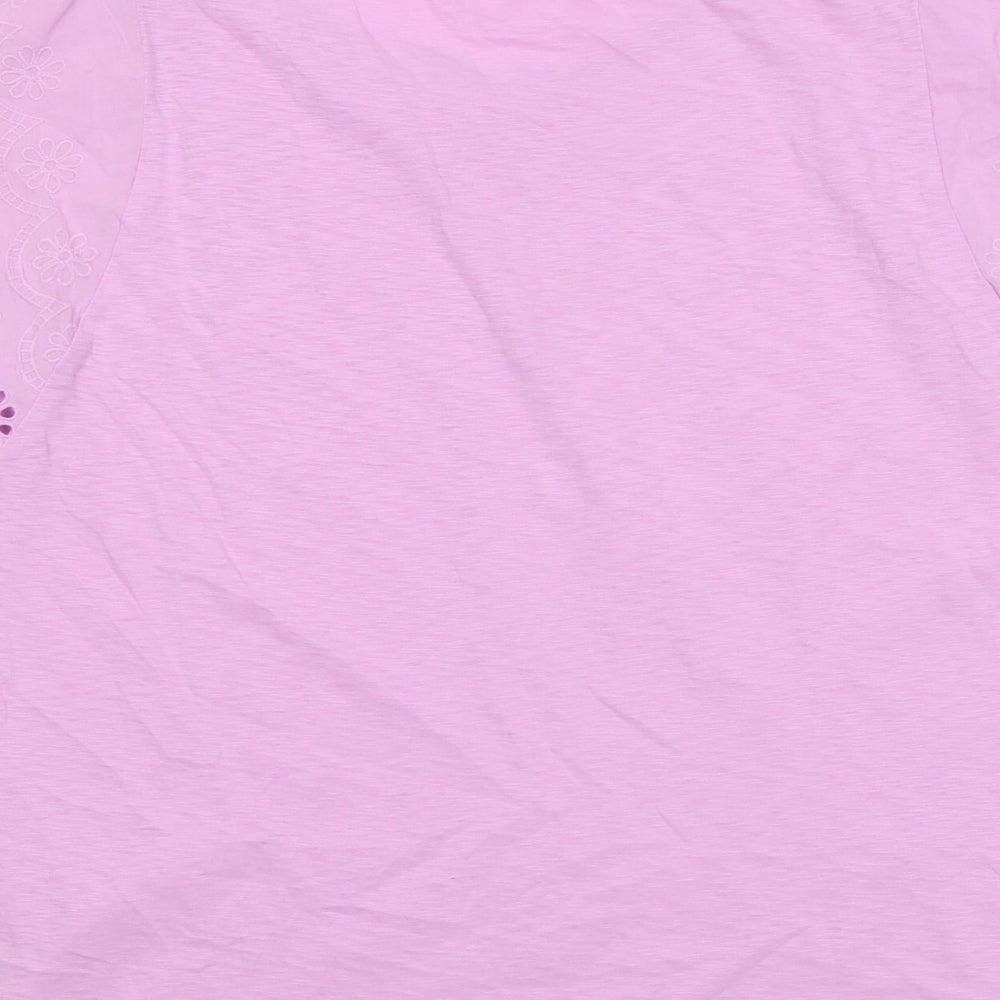 Marks and Spencer Womens Purple Cotton Basic T-Shirt Size 16 Boat Neck - Broderie Anglaise Details