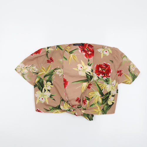 Jeuvre Womens Beige Floral Polyester Cropped Blouse Size 8 V-Neck - Tie Front