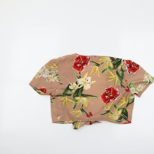 Jeuvre Womens Beige Floral Polyester Cropped Blouse Size 8 V-Neck - Tie Front