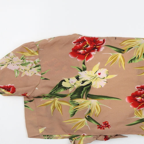Jeuvre Womens Beige Floral Polyester Cropped Blouse Size 8 V-Neck - Tie Front