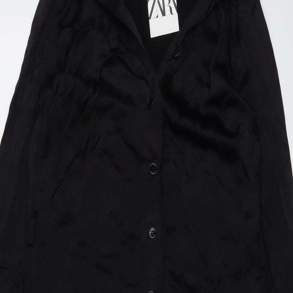 Zara Womens Black Viscose Shirt Dress Size L Collared Button
