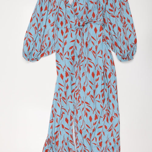 In the Style Womens Blue Geometric Polyester Wrap Dress Size 4 V-Neck Tie - Leaf pattern