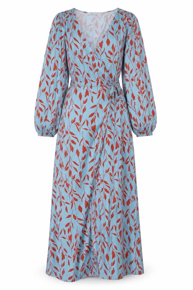 Front view of In the Style women’s blue geometric polyester wrap dress, size UK 4, v-neck tie - leaf pattern