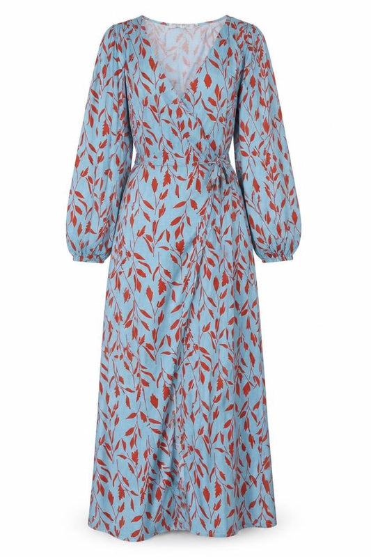 Front view of In the Style women’s blue geometric polyester wrap dress, size UK 4, v-neck tie - leaf pattern