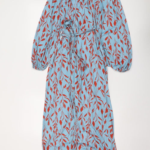 In the Style Womens Blue Geometric Polyester Wrap Dress Size 4 V-Neck Tie - Leaf pattern