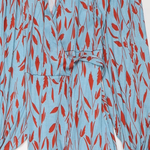 In the Style Womens Blue Geometric Polyester Wrap Dress Size 4 V-Neck Tie - Leaf pattern