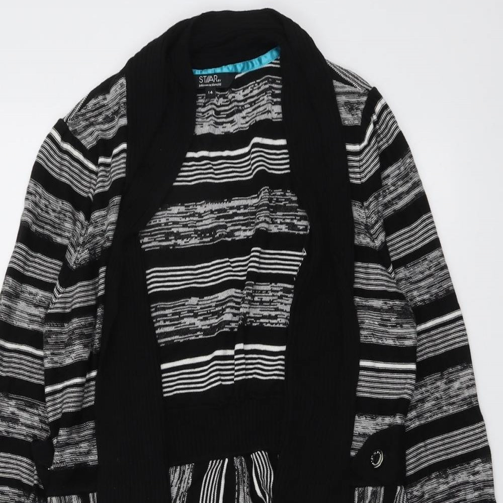 Star Womens Black V-Neck Striped Viscose Cardigan Jumper Size 14