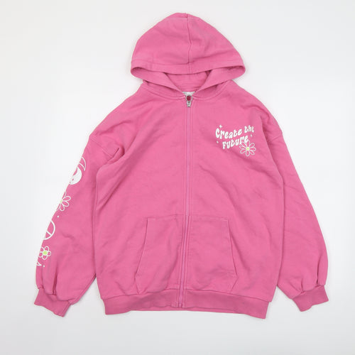 Marks and Spencer Girls Pink Cotton Full Zip Hoodie Size 13-14 Years Zip - Slogan