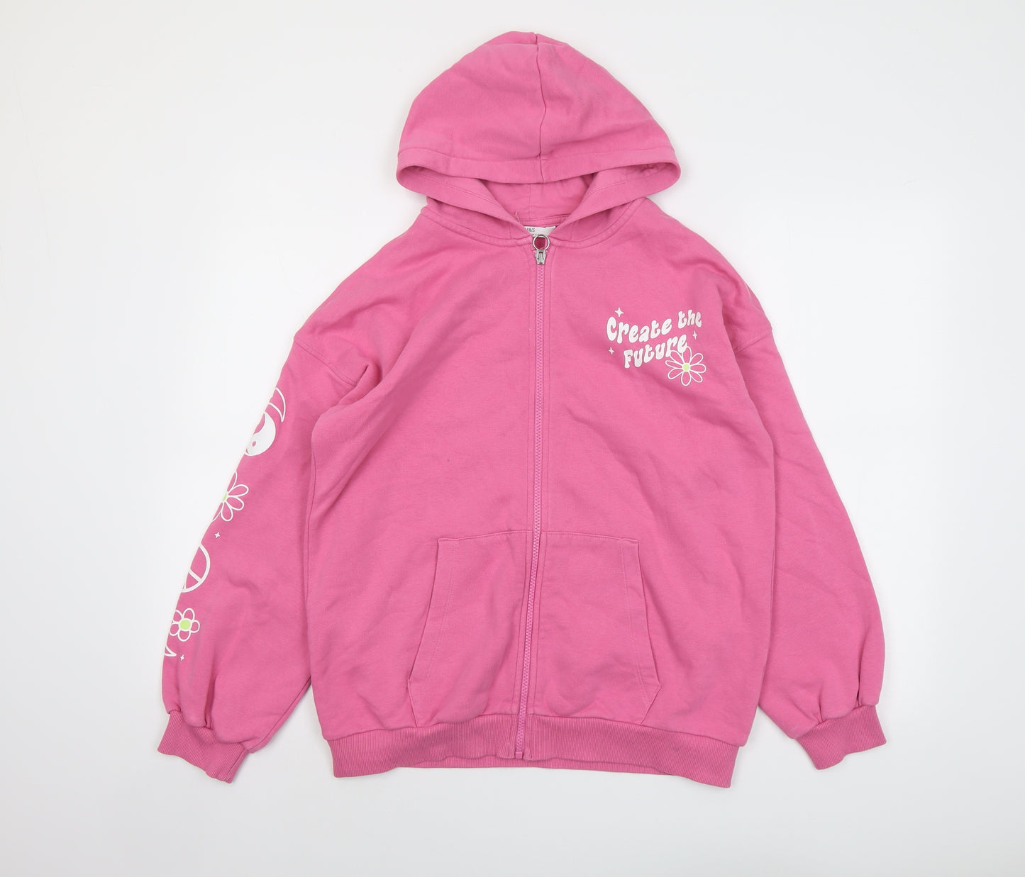 Marks and Spencer Girls Pink Cotton Full Zip Hoodie Size 13-14 Years Zip - Slogan