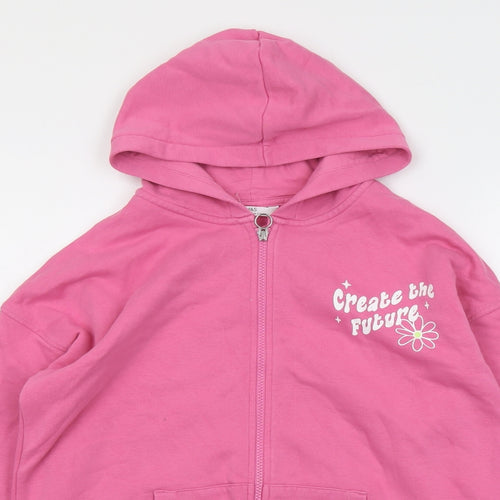 Marks and Spencer Girls Pink Cotton Full Zip Hoodie Size 13-14 Years Zip - Slogan