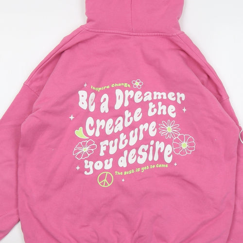 Marks and Spencer Girls Pink Cotton Full Zip Hoodie Size 13-14 Years Zip - Slogan