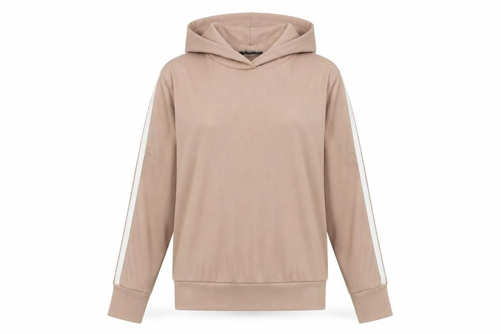 Front view of Boohoo women’s beige polyester pullover hoodie, size UK 10, pullover