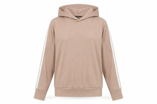 Front view of Boohoo women’s beige polyester pullover hoodie, size UK 10, pullover