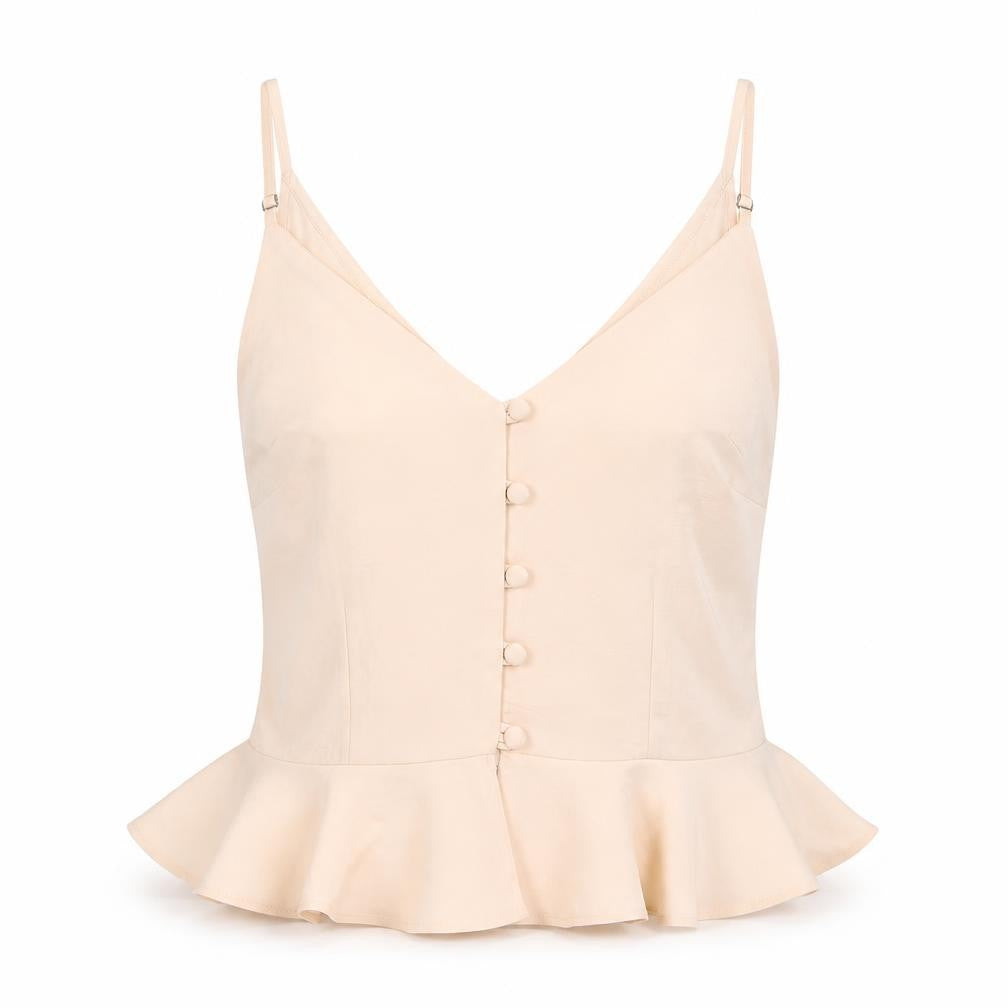 Front view of River Island women’s pink polyester camisole tank, size UK 6, v-neck - peplum