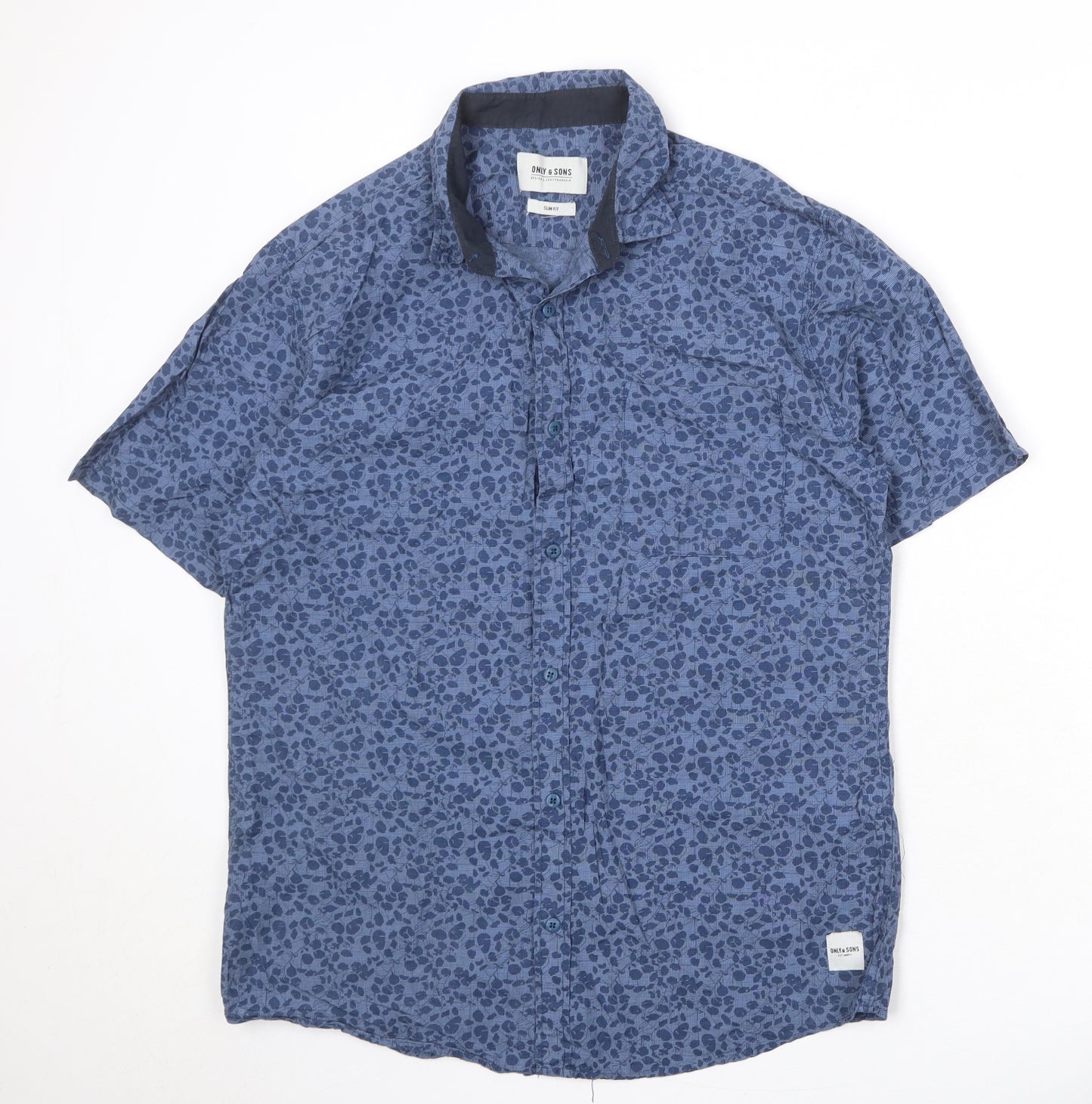 ONLY & SONS Mens Blue Geometric Cotton Button-Up Size XL Collared Button