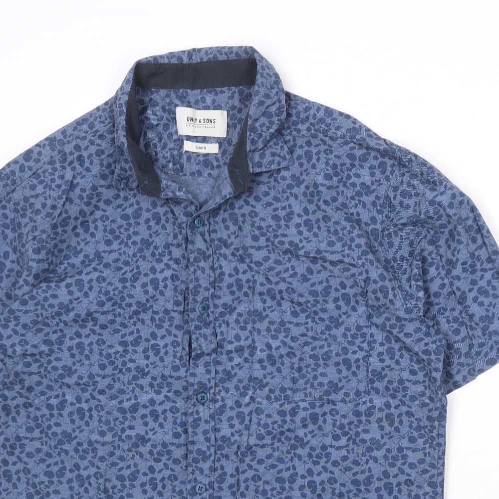 ONLY & SONS Mens Blue Geometric Cotton Button-Up Size XL Collared Button