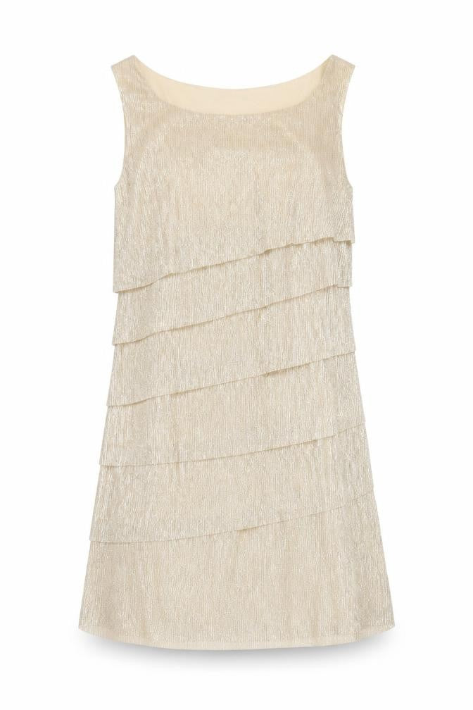 Front view of Connected Apparel women’s gold polyester shift, size UK 6, round neck pullover