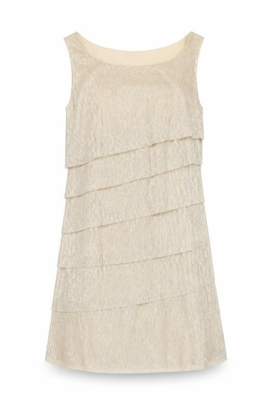 Front view of Connected Apparel women’s gold polyester shift, size UK 6, round neck pullover
