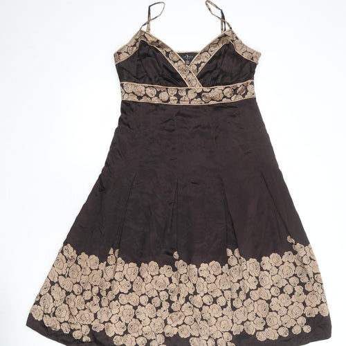 Ted Baker Womens Brown Floral Silk Slip Dress Size L V-Neck Zip