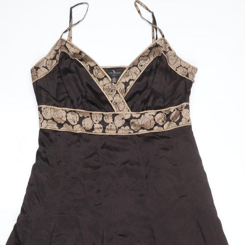 Ted Baker Womens Brown Floral Silk Slip Dress Size L V-Neck Zip