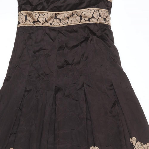 Ted Baker Womens Brown Floral Silk Slip Dress Size L V-Neck Zip